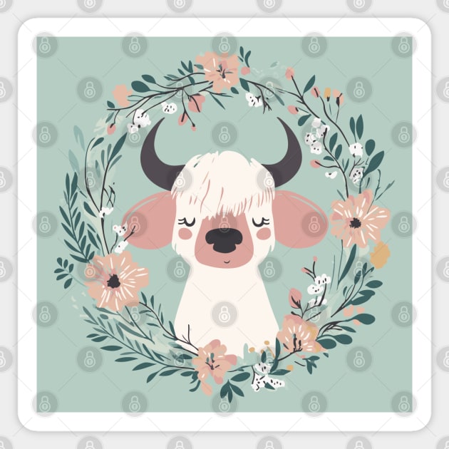 Boho Kawaii Cow – Cute Farm Animal in Floral Wreath Sticker by TuncGK